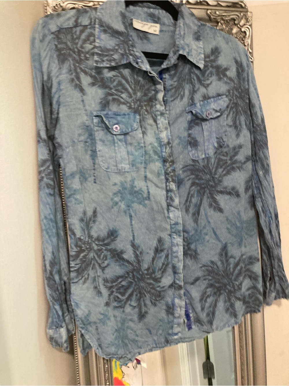 Vintage Blue Palm-Print Button-Up Shirt